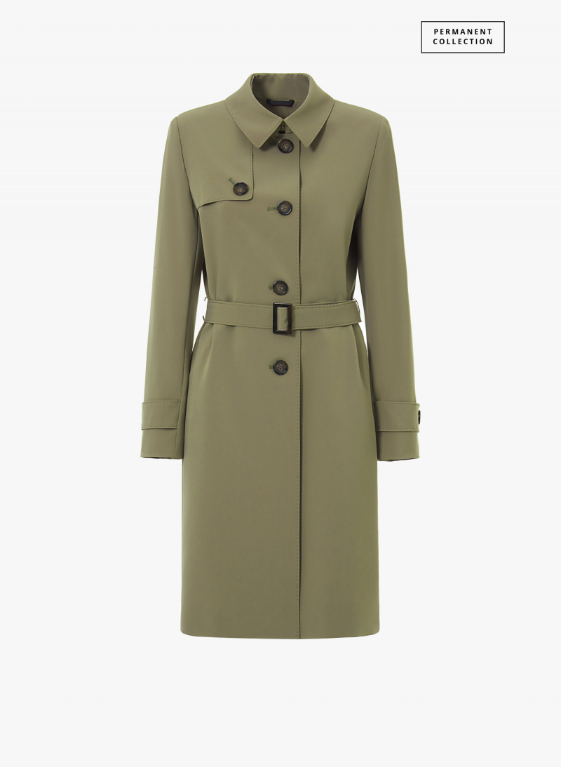 Single breasted military green trench coat in  technical fabric with hand stitches