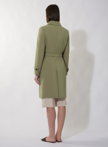 Single breasted military green trench coat in  technical fabric with hand stitches