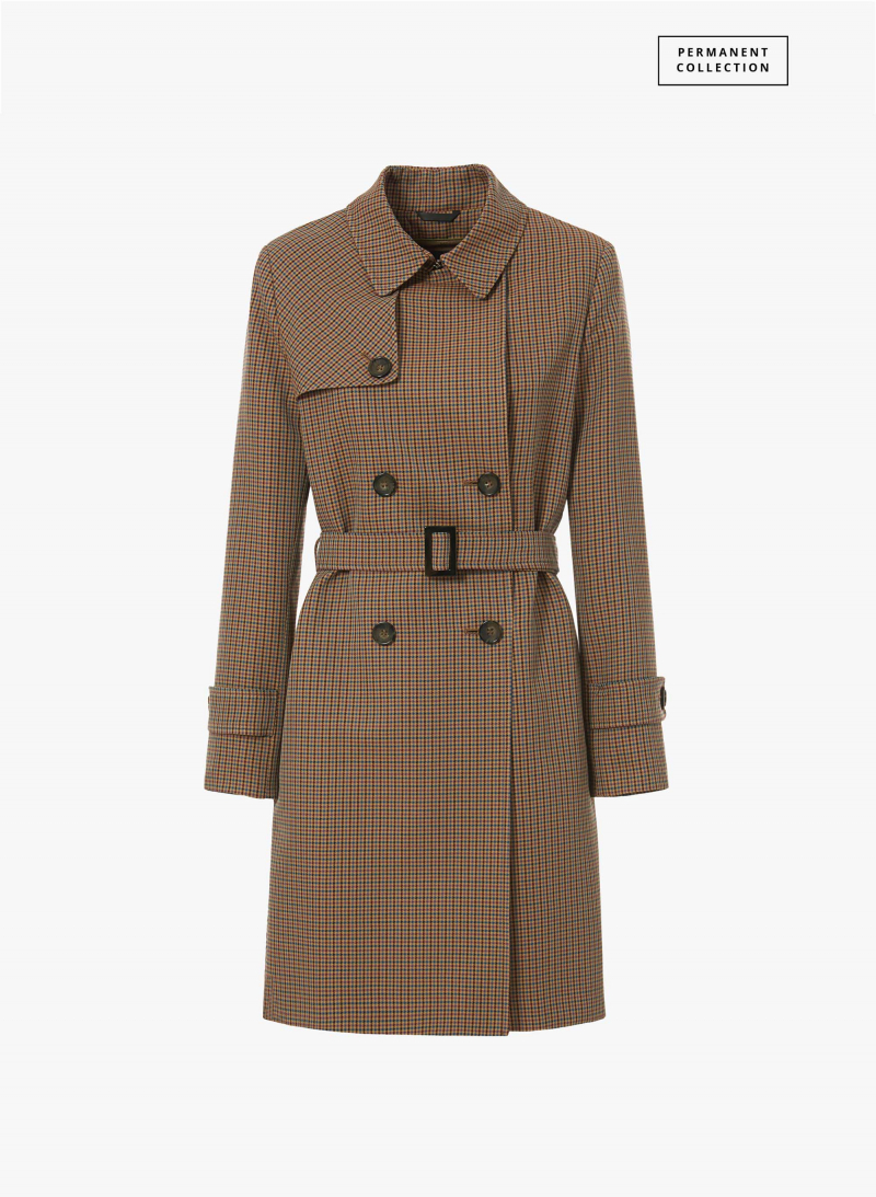 Double breasted brown trench coat in micro check pattern