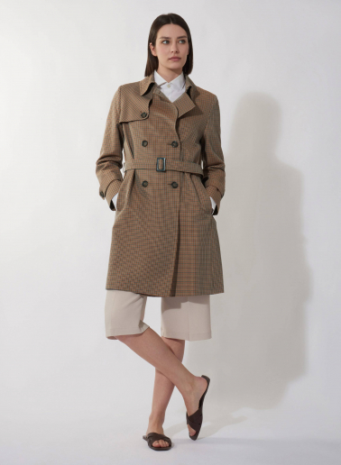 Double breasted brown trench coat in micro check pattern