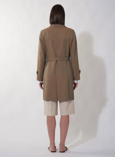 Double breasted brown trench coat in micro check pattern