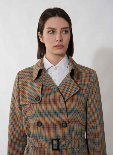Double breasted brown trench coat in micro check pattern