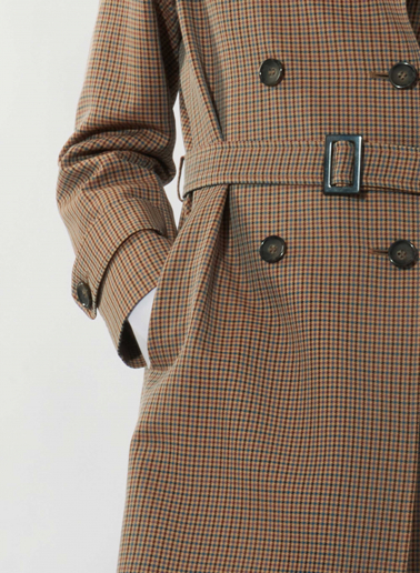 Double breasted brown trench coat in micro check pattern