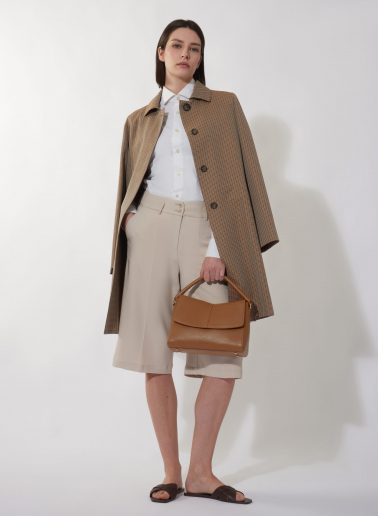 Brown overcoat with shirt collar in micro check pattern