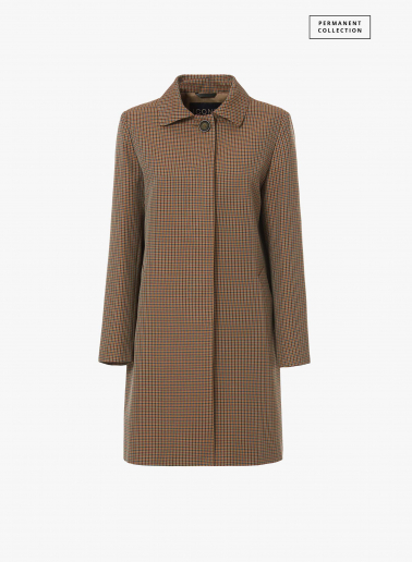 Brown overcoat with shirt collar in micro check pattern