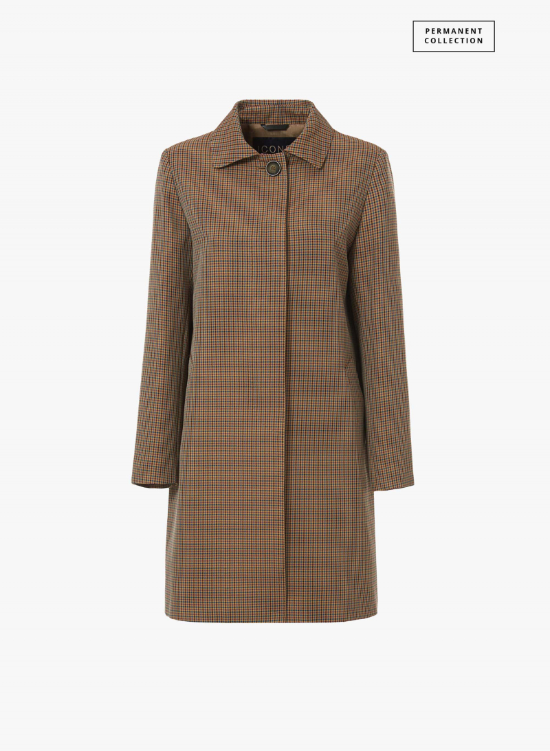 Brown overcoat with shirt collar in micro check pattern