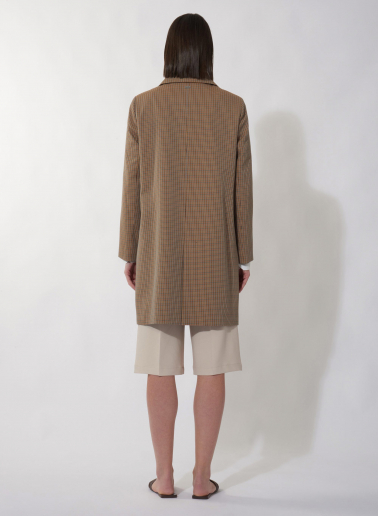 Brown overcoat with shirt collar in micro check pattern