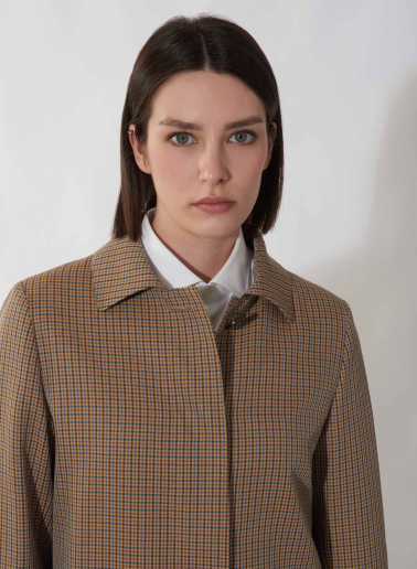 Brown overcoat with shirt collar in micro check pattern