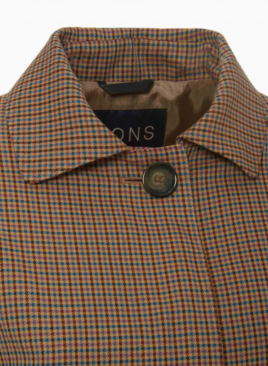 Brown overcoat with shirt collar in micro check pattern