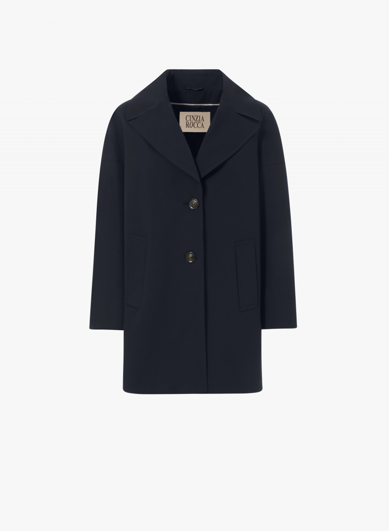 Blue stretch cotton overcoat with maxi notch collar