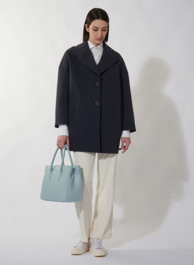 Blue stretch cotton overcoat with maxi notch collar