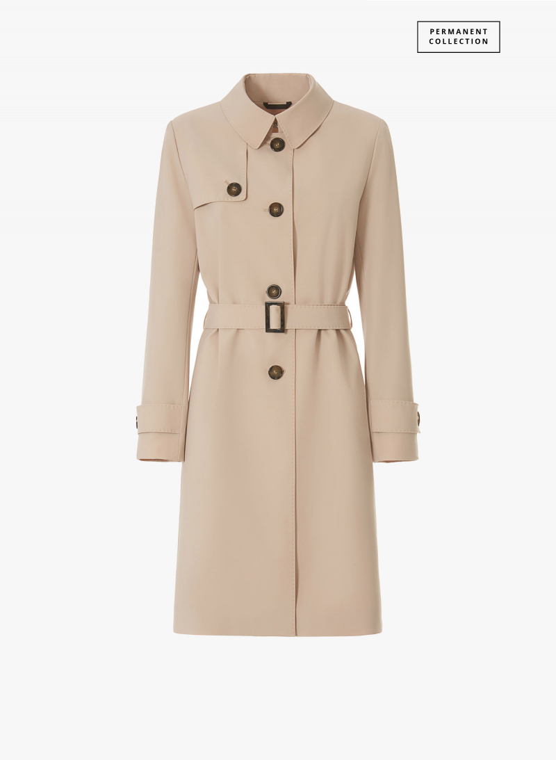 Single breasted beige trench coat in technical fabric with hand stitches
