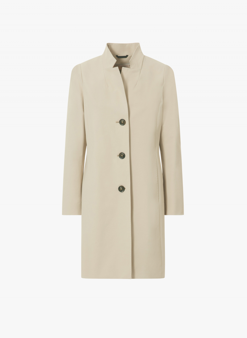 Beige stretch cotton overcoat with inverted notch collar