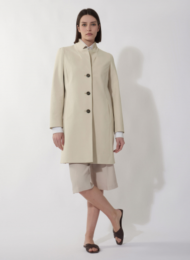 Beige stretch cotton overcoat with inverted notch collar