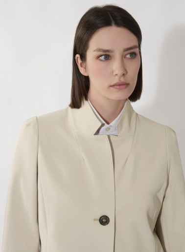 Beige stretch cotton overcoat with inverted notch collar