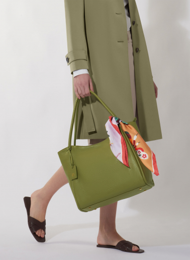 Military green genuine leather shopper bag