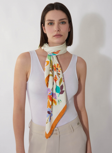 Yellow pure silk scarf with floral pattern