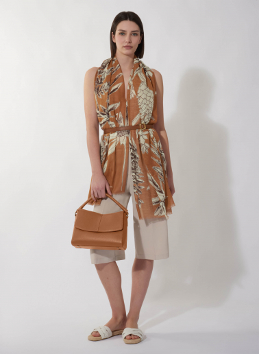 Maxi tobacco color cotton and linen scarf with floral pattern