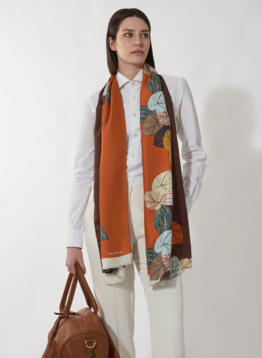 Tobacco color twill silk scarf with stylized plant pattern