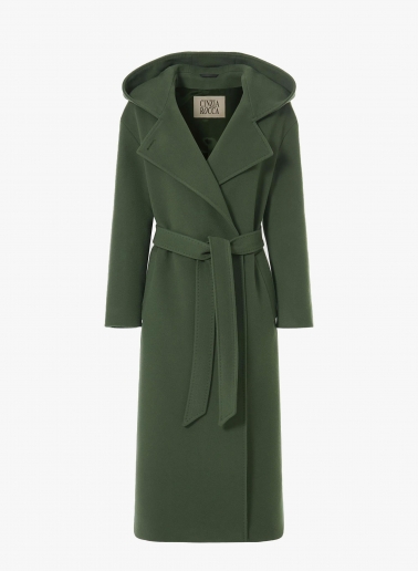 Maxi belted green wool and cashmere coat with hood