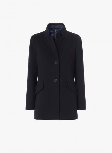 Short blue pure wool coat with detachable nylon bib
