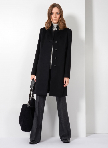 Inverted notch collar black coat crafted with Loro Piana Fabric
