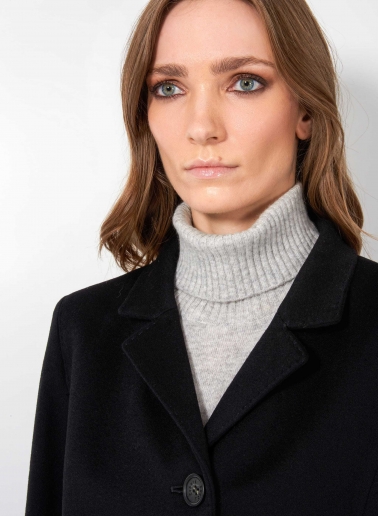 Inverted notch collar black coat crafted with Loro Piana Fabric