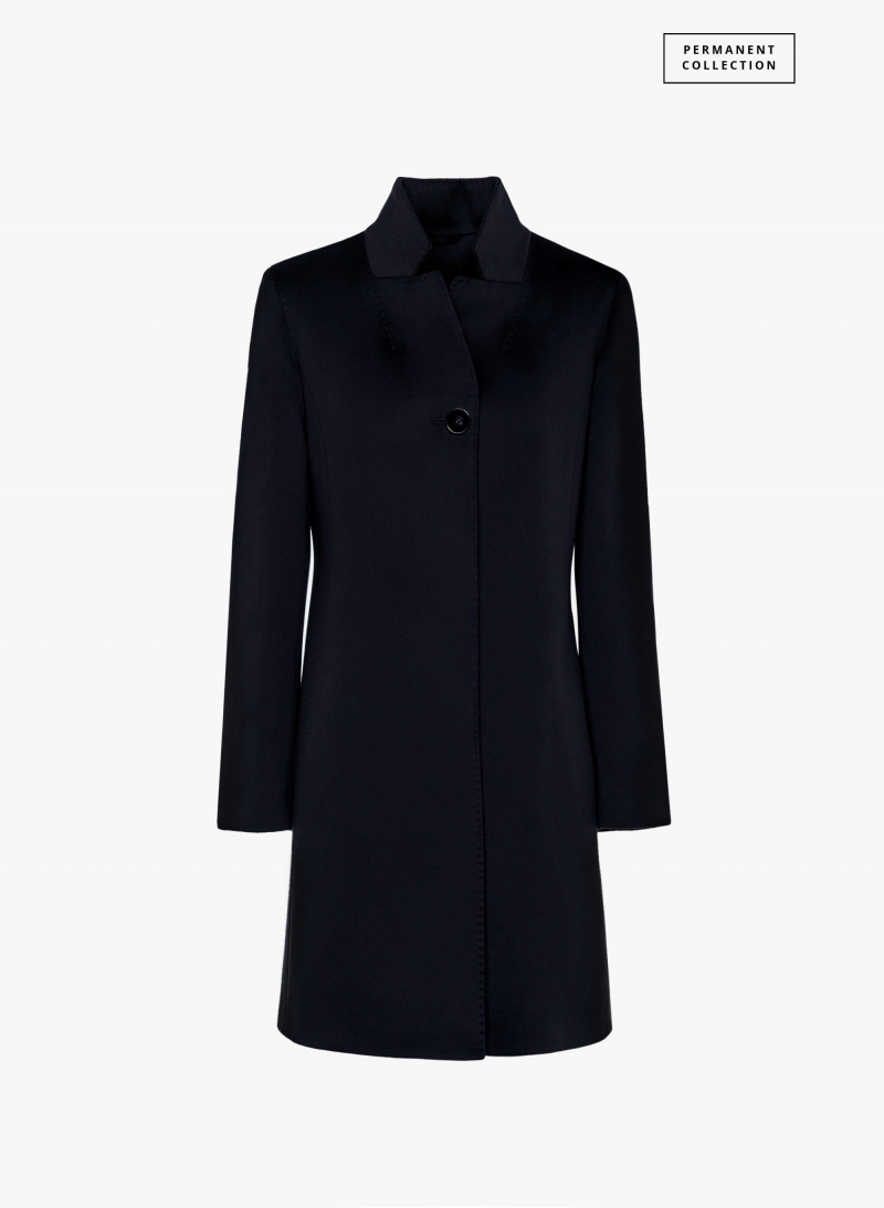 Inverted notch collar dark blue coat crafted with Loro Piana Fabric