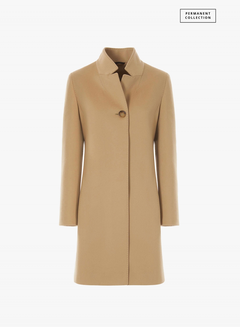 Mantel mit umklappbarem Reverskragen aus Loro Piana Stoff gefertigt in light Camel