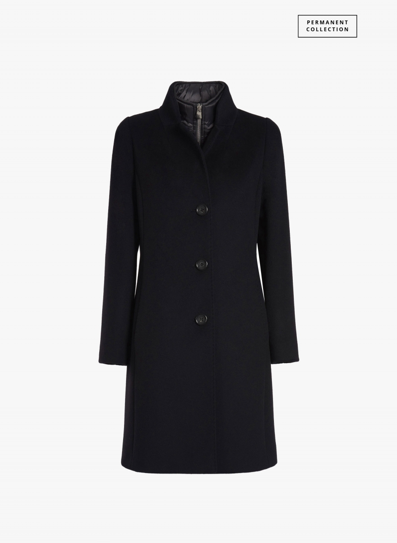 Black pure wool coat with detachable nylon bib