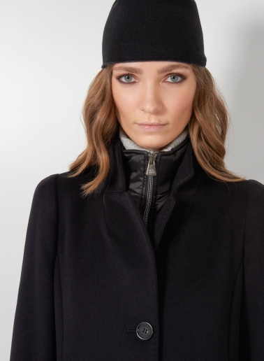Mantel mit abnehmbarer Nylon-Weste aus reiner Wolle in Schwarz