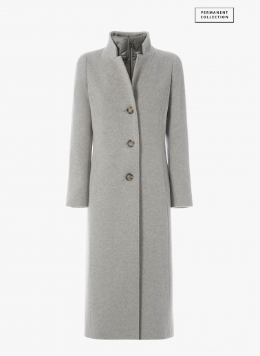 Maxi light grey wool coat with detachable nylon bib