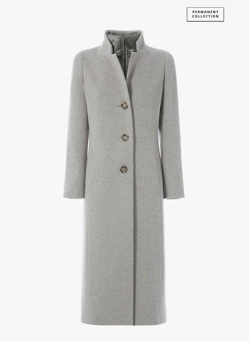 Maxi Wollmantel mit abnehmbarer Nylon-Weste in Hellgrau