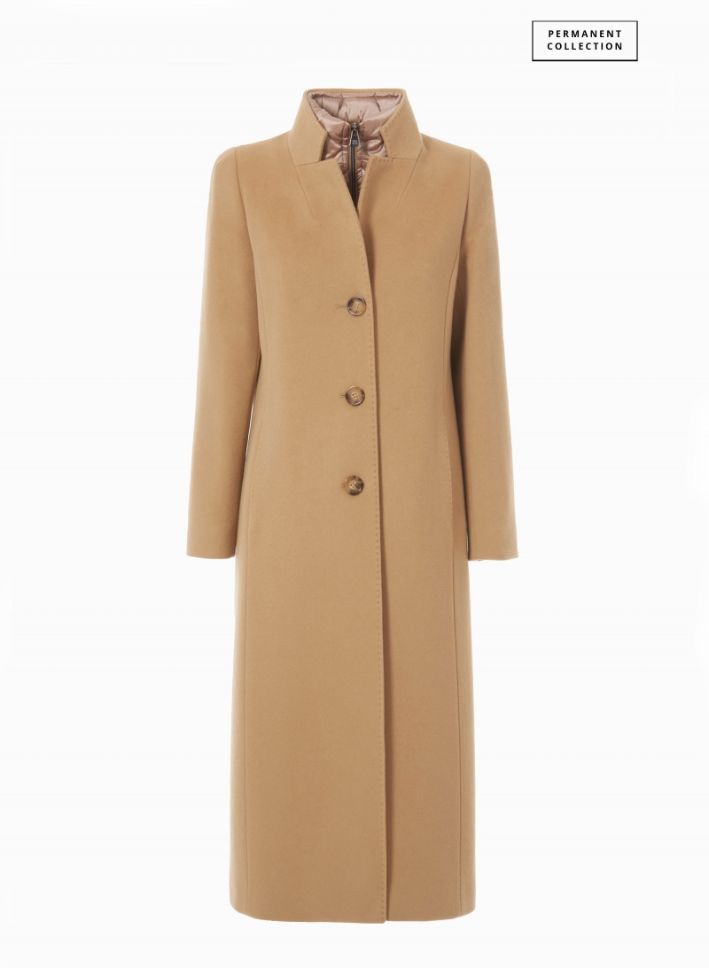 Maxi Wollmantel mit abnehmbarer Nylon-Weste in Camel