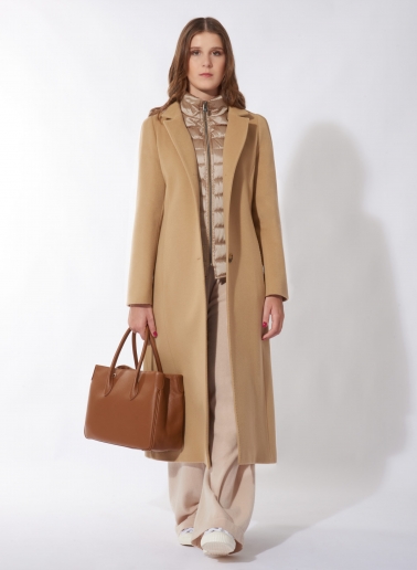 Maxi Wollmantel mit abnehmbarer Nylon-Weste in Camel