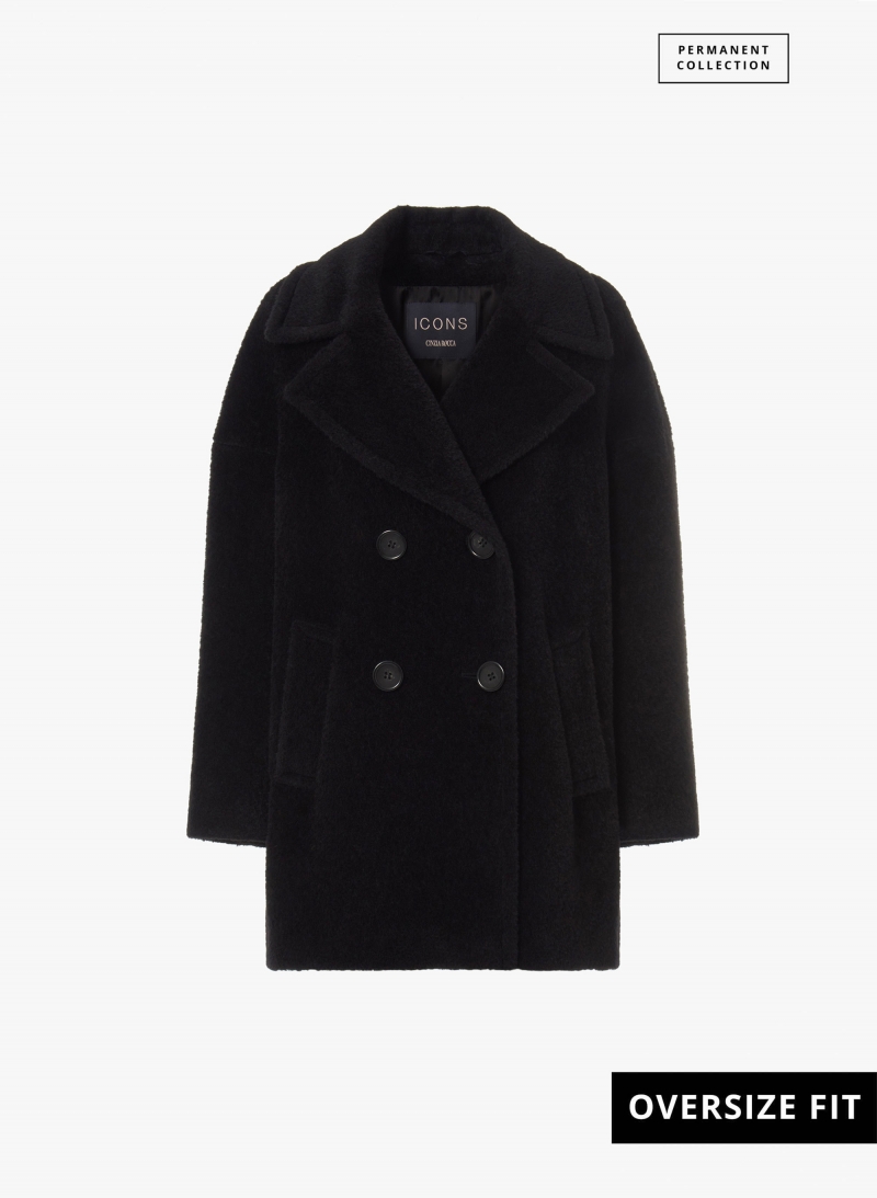 Zweireiher Oversized Kurzmantel aus Wolle und Alpaka in Schwarz