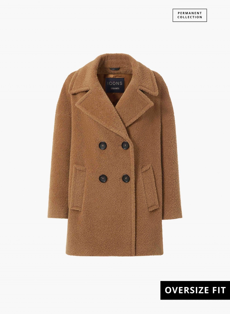 Zweireiher Oversized Kurzmantel aus Wolle und Alpaka in dunkel Camel