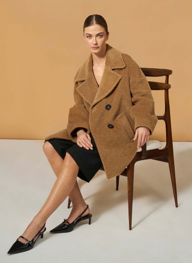 Zweireiher Oversized Kurzmantel aus Wolle und Alpaka in dunkel Camel