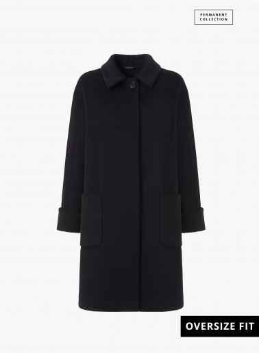 Oversized black pure wool coat with shirt collar