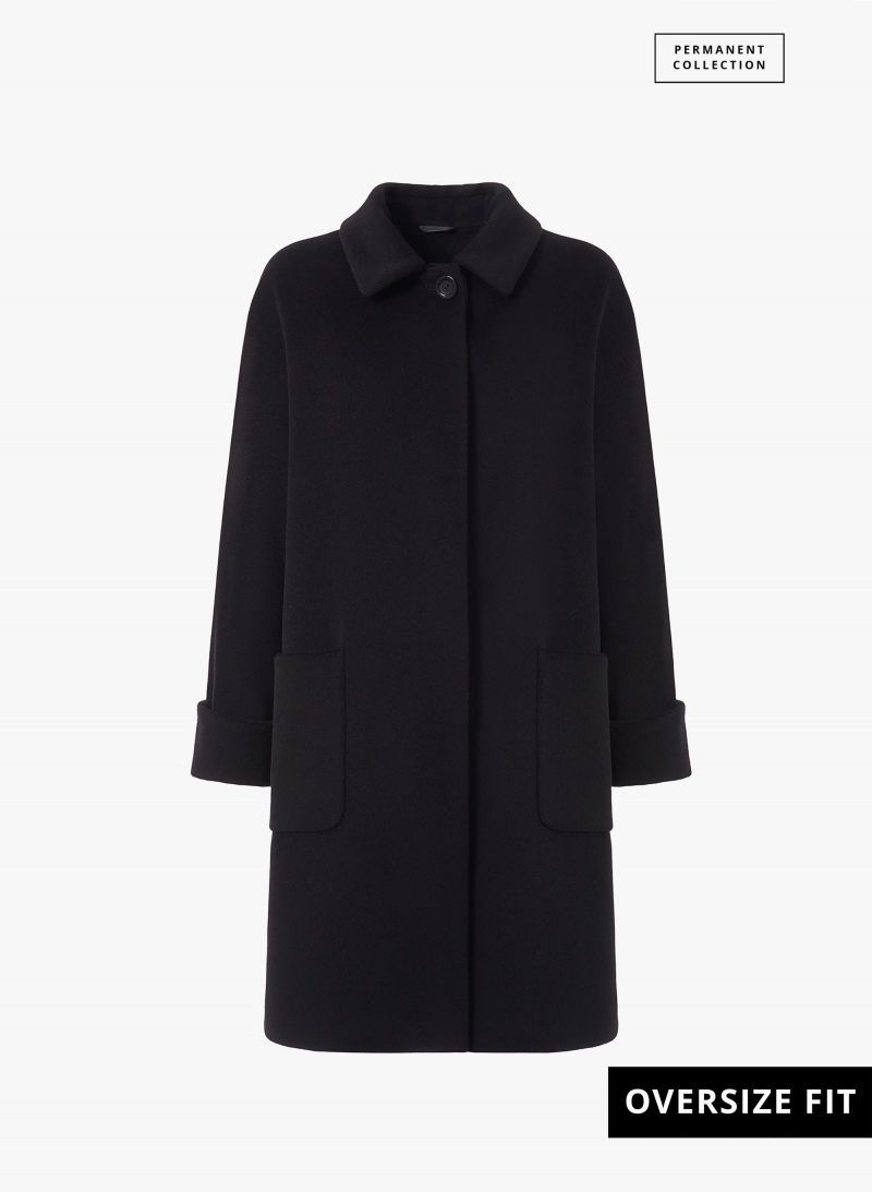 Oversized Mantel mit Hemdkragen aus reiner Wolle in Schwarz