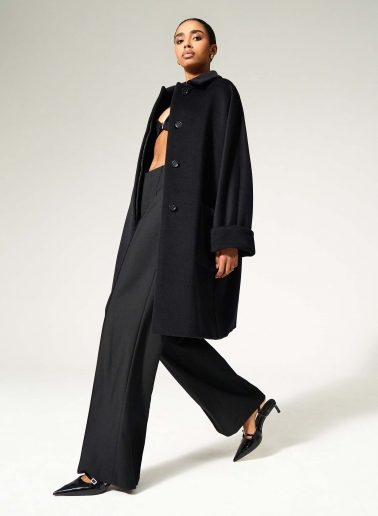 Oversized Mantel mit Hemdkragen aus reiner Wolle in Schwarz