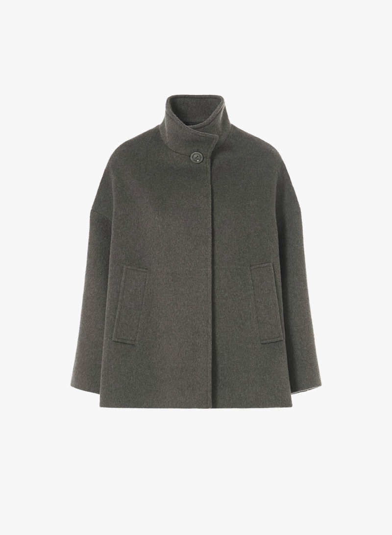 Short flared dark taupe wool coat with high collar