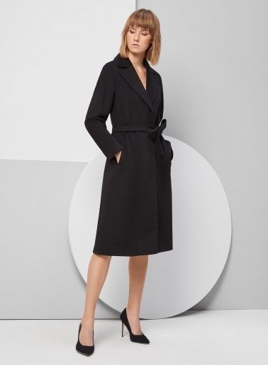 Belted fitted black pure wool coat