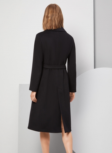 Belted fitted black pure wool coat