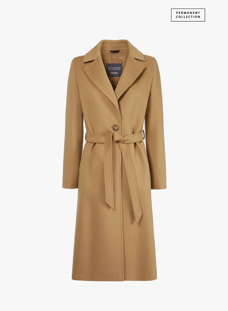 Taillierter Gürtelmantel aus reiner Wolle in Camel