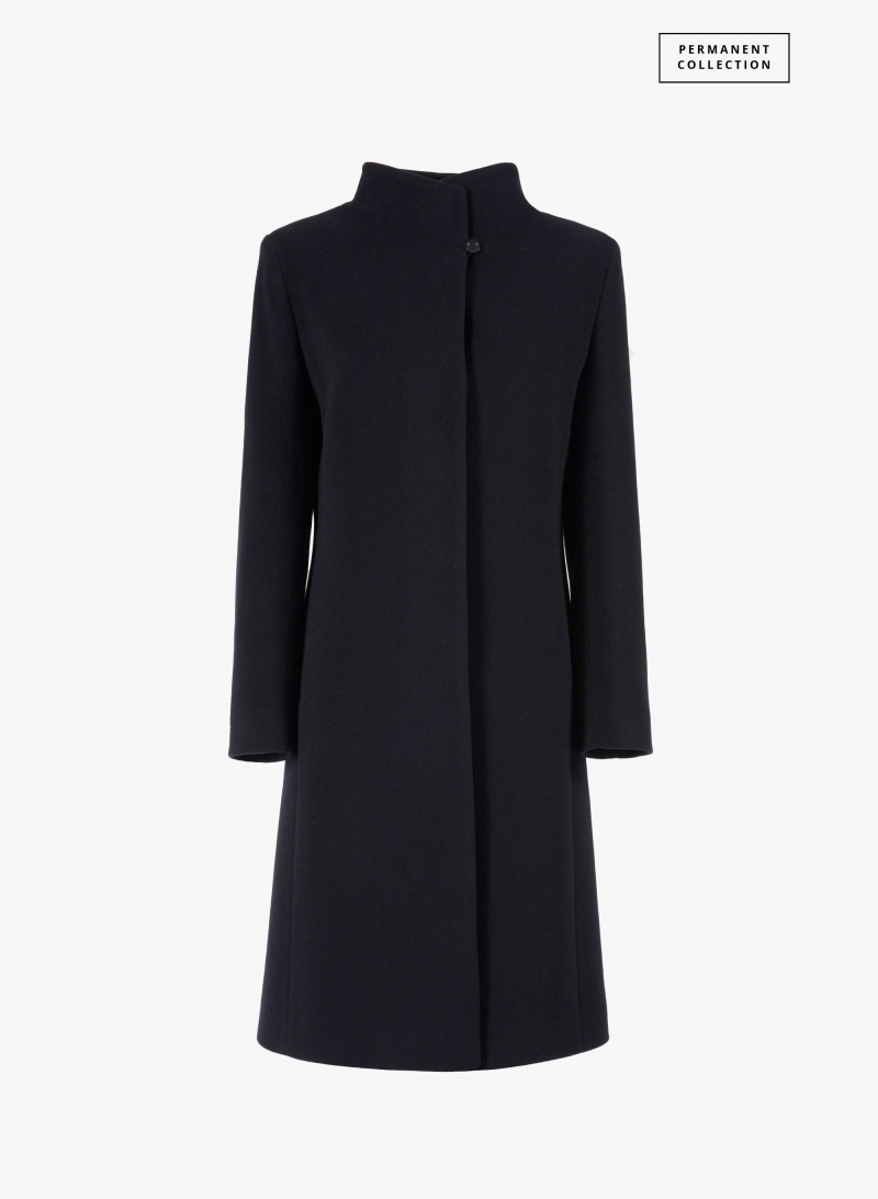 Blue wool and cashmere coat with high stand up collar