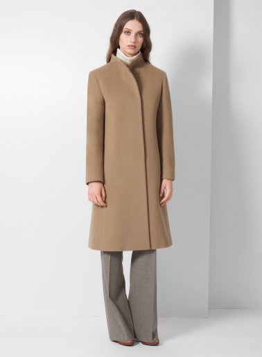 Dark camel wool and cashmere coat with high stand up collar