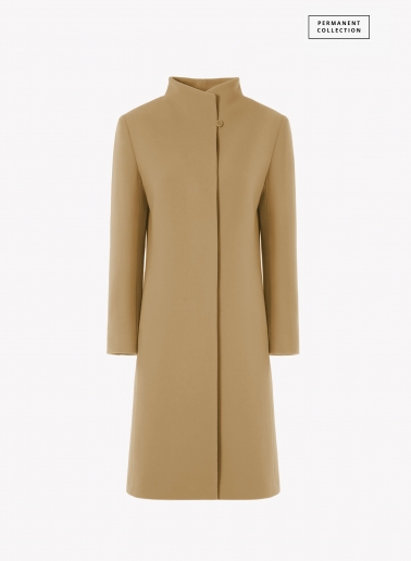 Camel pure cashmere coat with high stand up collar