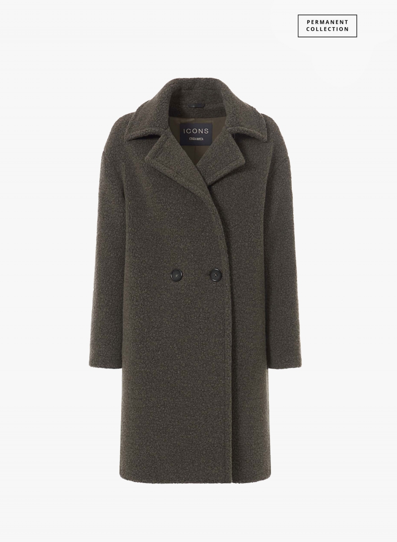 Double breasted dark taupe wool coat with notch collar