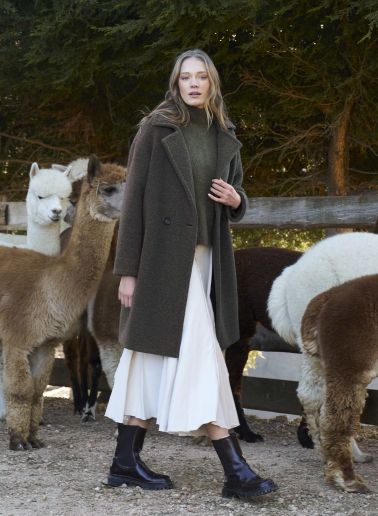 Double breasted dark taupe wool coat with notch collar